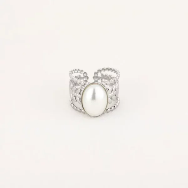Statement ring met witte parel zilver
